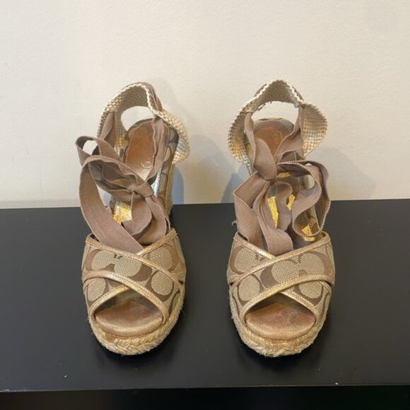COACH women’s MILA LACE UP SANDAL SIZE 9B Khaki/Gold wedge open toe ankle strap - Picture 3 of 13